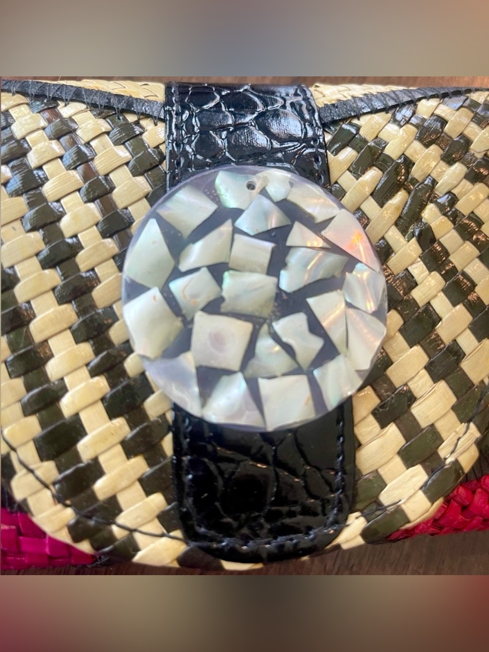 Woven Straw Multicolor Wristlet Clutch with Gem Accent - Picture 2 of 8